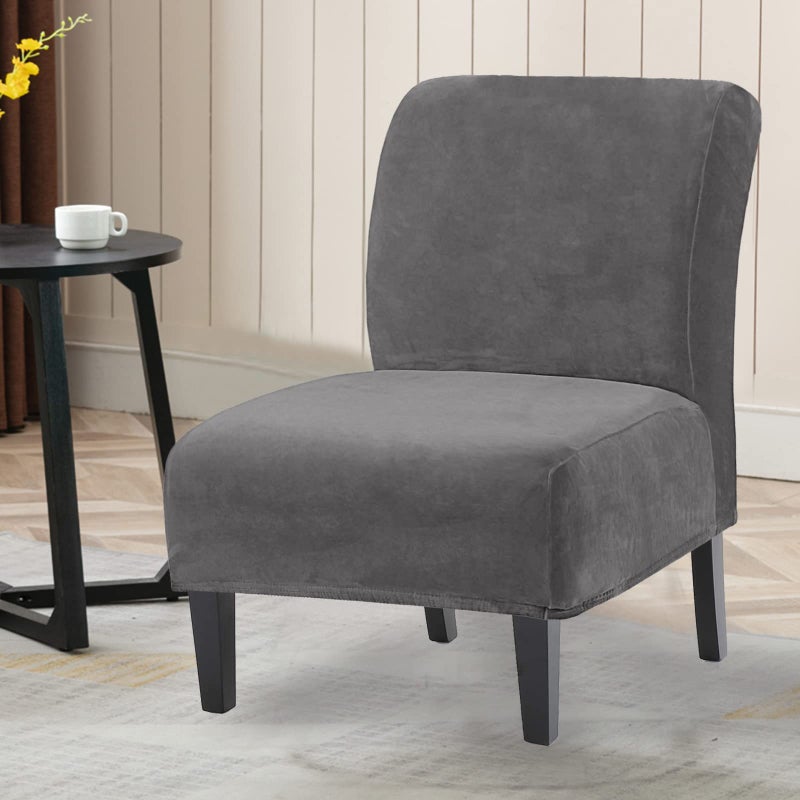 UCCONO Armless Accent Chair Slipcovers, Thick Velvet Slipper Accent Chair Covers Hotel Oversized Big Chairs, Removable Furniture Protector with Elastic Bottom, Machine Washable (Grey) - Image 2